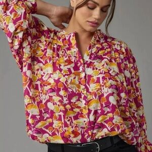 Maeve Anthropologie Mushroom Print Button Down Shirt EUC XL